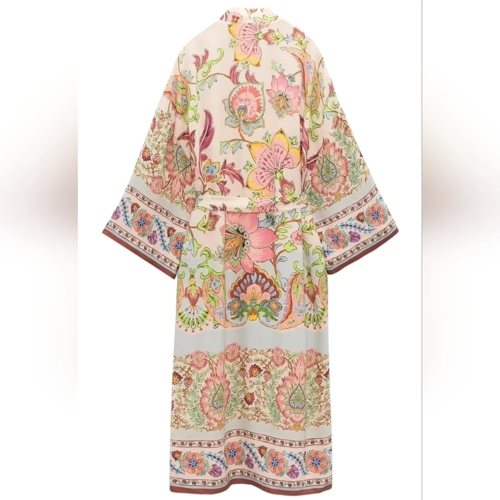 Zara Floral Pink Green Multicolor Printed Kimono Jacket With Belt Sz Small NWT - Picture 4 of 10